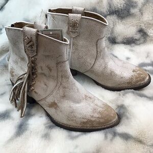 Very Volatile Hand Distressed Artisanal Leather Fringe Ankle Boots Size 7.5  NWT